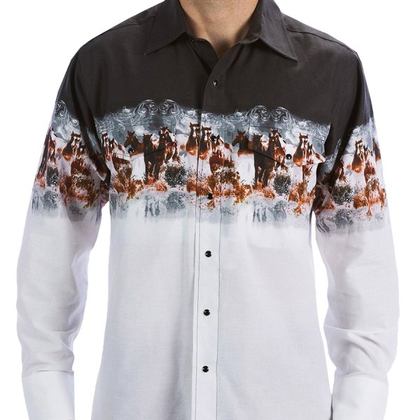 画像1: パンハンドルスリム ボーダー ワイルドホース ウエスタンシャツ（長袖 グレー・ホワイト）/Panhandle Slim Long Sleeve Western Shirt