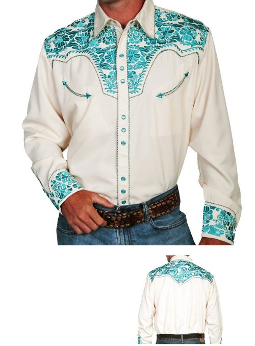 画像クリックで大きく確認できます　Click↓1: スカリー ウエスタン 刺繍 シャツ（長袖/クリーム・ターコイズ）/Scully Long Sleeve Embroidered Western Shirt(Men's)