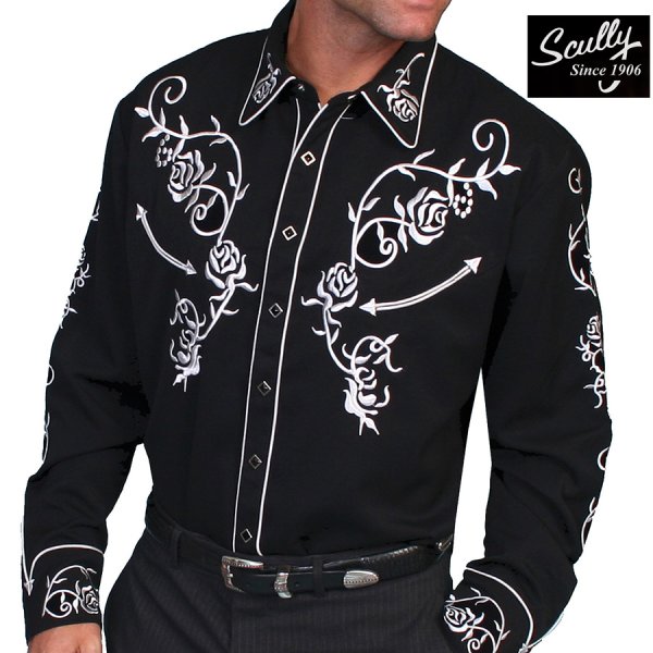 画像1: スカリー 刺繍 ウエスタン シャツ（長袖/ブラック・シルバーホワイト）/Scully Long Sleeve Embroidered Western Shirt