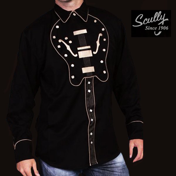画像1: スカリー ウエスタン 刺繍 シャツ ギター（長袖/ブラック）S（身幅約55cm）XL（身幅約67cm）/Scully Long Sleeve Embroidered Western Shirt