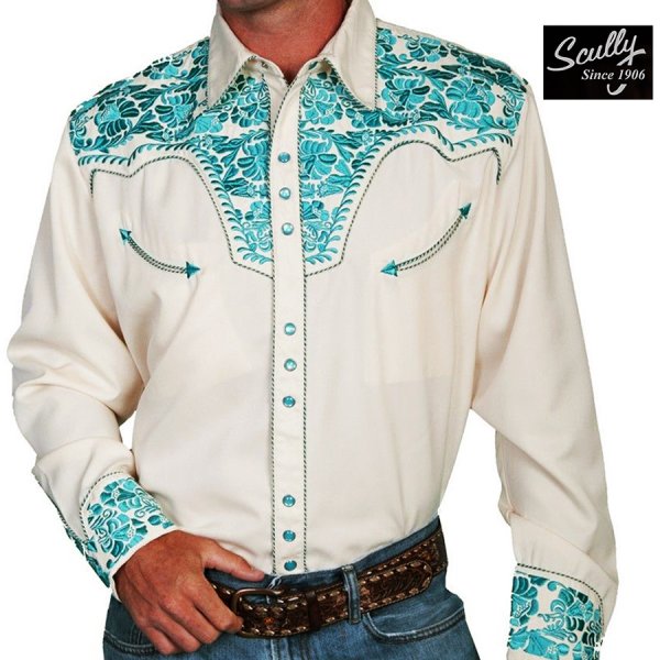 画像1: スカリー ウエスタン 刺繍 シャツ（長袖/クリーム・ターコイズ）/Scully Long Sleeve Embroidered Western Shirt(Men's)