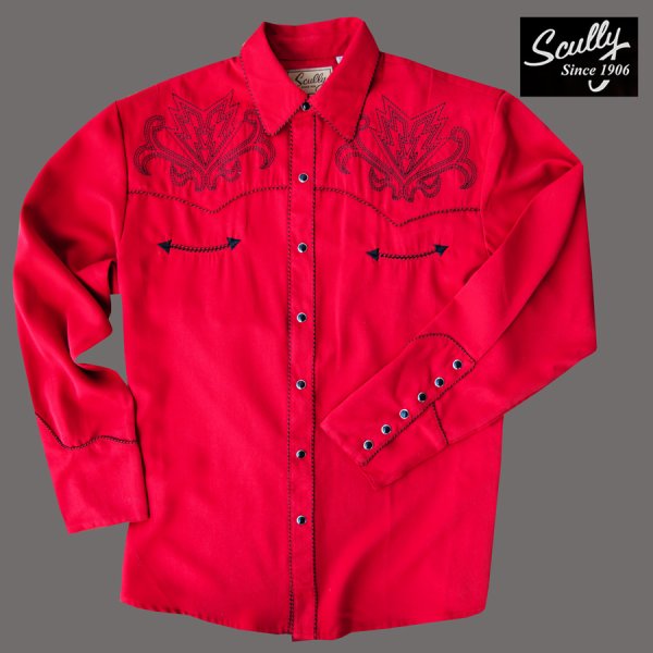 画像1: スカリー ウエスタン 刺繍 シャツ アローブーツステッチ（長袖/レッド）大きいサイズ L（身幅約62cm）/Scully Long Sleeve Embroidered Western Shirt(Men's)