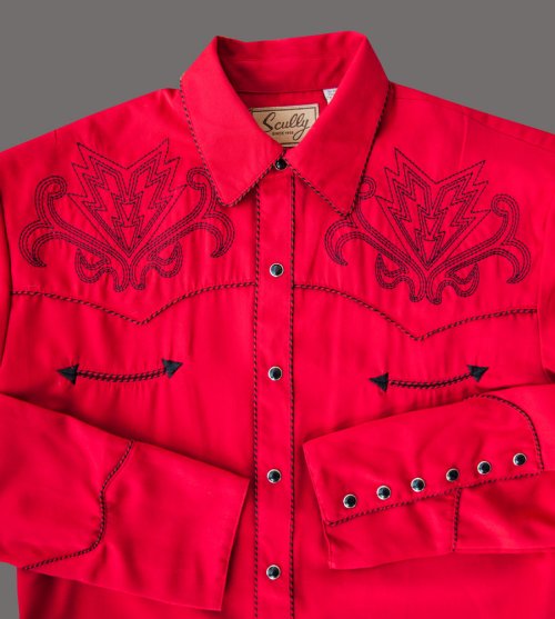 画像クリックで大きく確認できます　Click↓1: スカリー ウエスタン 刺繍 シャツ アローブーツステッチ（長袖/レッド）大きいサイズ L（身幅約62cm）/Scully Long Sleeve Embroidered Western Shirt(Men's)