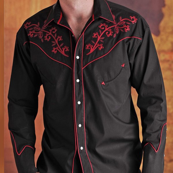 画像1: パンハンドルスリム 刺繍 ウエスタン シャツ（ブラック・レッド/長袖）/Panhandle Slim Long Sleeve Western Shirt(Black)