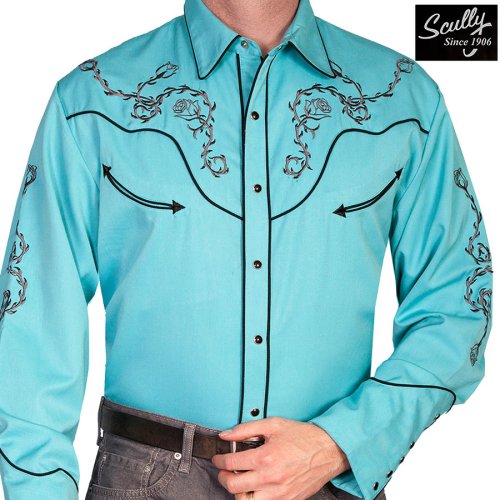 画像クリックで大きく確認できます　Click↓1: スカリー ウエスタン 刺繍 シャツ（長袖/ターコイズ）大きいサイズ L（身幅約63cm）XL（身幅約66cm）/Scully Long Sleeve Embroidered Western Shirt(Turquoise)