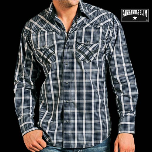 画像クリックで大きく確認できます　Click↓1: パンハンドルスリム ブラック刺繍 ウエスタン シャツ（ブルー・ブラック）/Panhandle Slim Poplin Plaid Snap Front Western Shirt(Blue/Black)