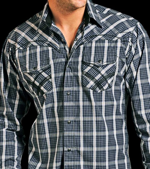 画像クリックで大きく確認できます　Click↓2: パンハンドルスリム ブラック刺繍 ウエスタン シャツ（ブルー・ブラック）/Panhandle Slim Poplin Plaid Snap Front Western Shirt(Blue/Black)