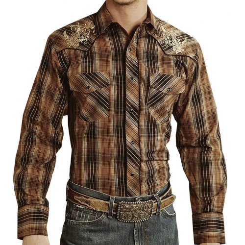 画像クリックで大きく確認できます　Click↓1: ローパー 刺繍&メタリック ウエスタンシャツ（長袖/ブラウン・ターコイズ）大きいサイズ XL（身幅約64cm）/Roper Long Sleeve Embroidered Western Shirt(Brown)