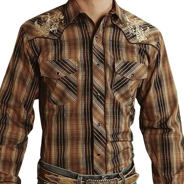 画像1: ローパー 刺繍&メタリック ウエスタンシャツ（長袖/ブラウン・ターコイズ）大きいサイズ XL（身幅約64cm）/Roper Long Sleeve Embroidered Western Shirt(Brown)