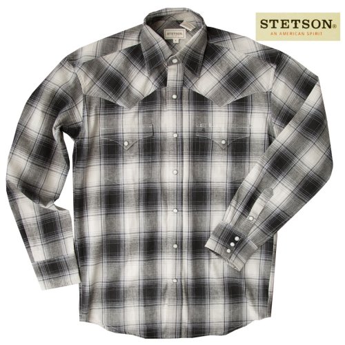 画像クリックで大きく確認できます　Click↓2: ステットソン フランネル ウエスタンシャツ（グレー・ブラック/長袖）大きいサイズ L（身幅約59cm）/Stetson Flannel Long Sleeve Western Shirt(Grey/Black Plaid)
