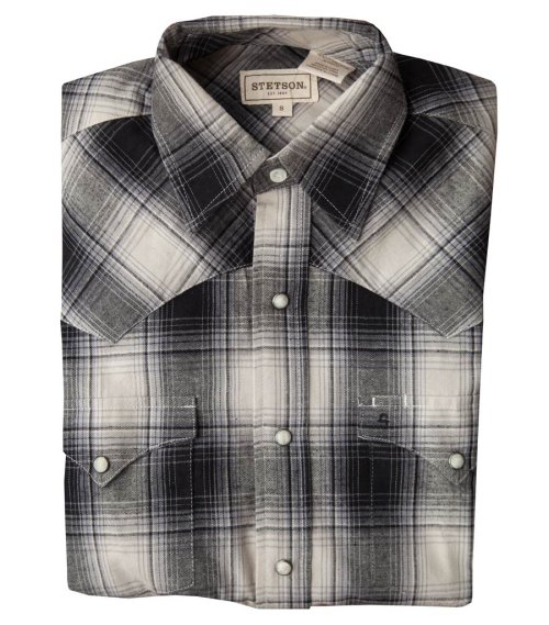 画像クリックで大きく確認できます　Click↓1: ステットソン フランネル ウエスタンシャツ（グレー・ブラック/長袖）大きいサイズ L（身幅約59cm）/Stetson Flannel Long Sleeve Western Shirt(Grey/Black Plaid)