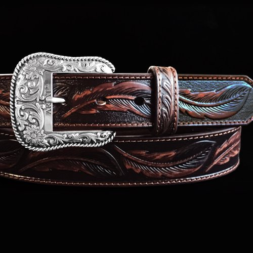画像クリックで大きく確認できます　Click↓1: アリアット リーフ&フラワー・スクロール ウエスタン レザーベルト（ブラウン）/Ariat Embossed Leaf Design Western Leather Belt(Brown)