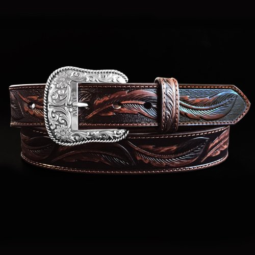 画像クリックで大きく確認できます　Click↓2: アリアット リーフ&フラワー・スクロール ウエスタン レザーベルト（ブラウン）/Ariat Embossed Leaf Design Western Leather Belt(Brown)