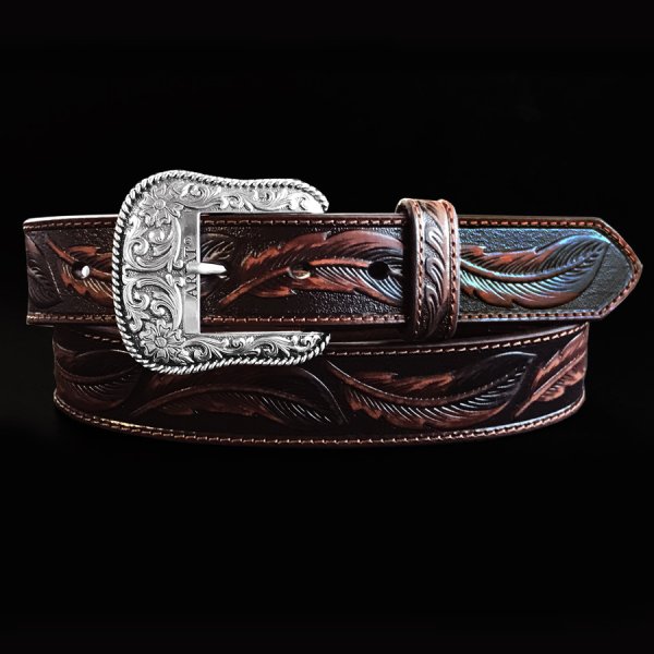 画像1: アリアット リーフ&フラワー・スクロール ウエスタン レザーベルト（ブラウン）/Ariat Embossed Leaf Design Western Leather Belt(Brown)