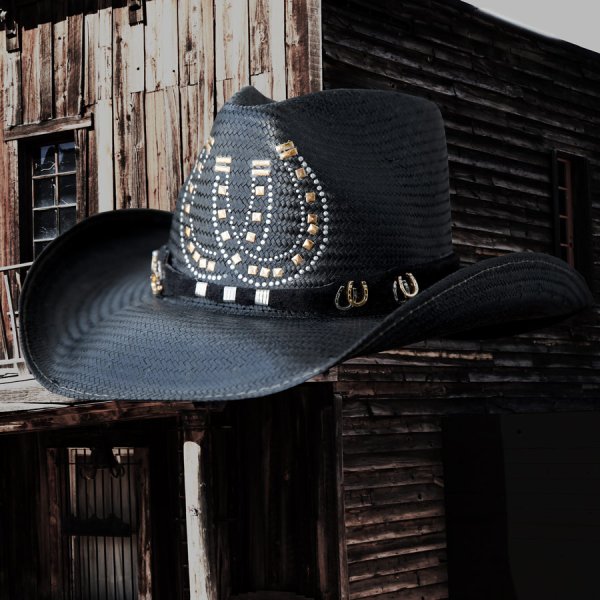 画像1: ブルハイド 蹄鉄 ホースシュー ウエスタンストローハット（ブラック）/Bullhide Western Straw Hat Horseshoe(Black)