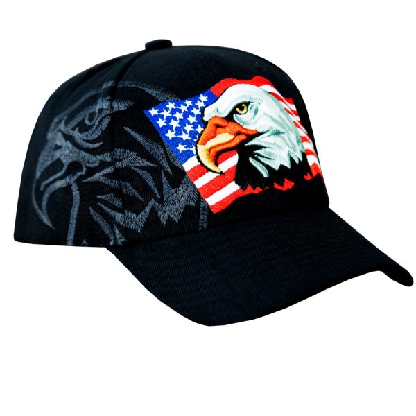 画像1: アメリカンイーグル＆アメリカンフラッグ シャドウつき 刺繍 キャップ（ブラック）/Baseball Cap(Black)