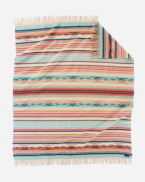 画像クリックで大きく確認できます　Click↓1: ペンドルトン チマヨ スロー（コーラル/アクアストライプ）/Pendleton Chimayo Throw(Coral/Aqua Stripe)