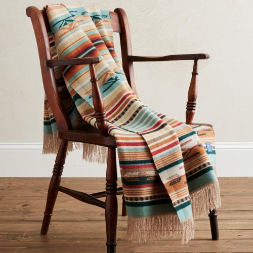 画像クリックで大きく確認できます　Click↓3: ペンドルトン チマヨ スロー（コーラル/アクアストライプ）/Pendleton Chimayo Throw(Coral/Aqua Stripe)