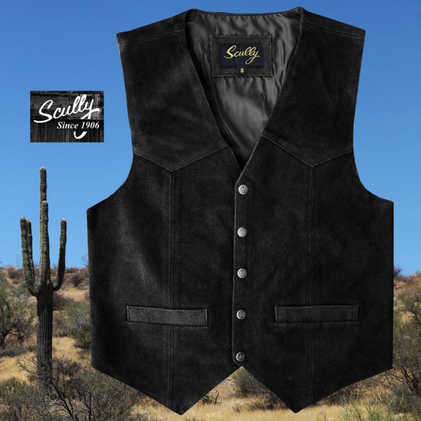 画像1: スカリー スナップフロント カーフスエード ベスト（ブラック）/Scully Calf Suede Leather Vest(Black)