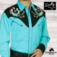 スカリー ウエスタン 刺繍 シャツ ホースシュー・ローズ（長袖/ターコイズ・ブラック）/Scully Long Sleeve Horseshoe Rose Embroidered Western Shirt Turquoise Black(Men's)