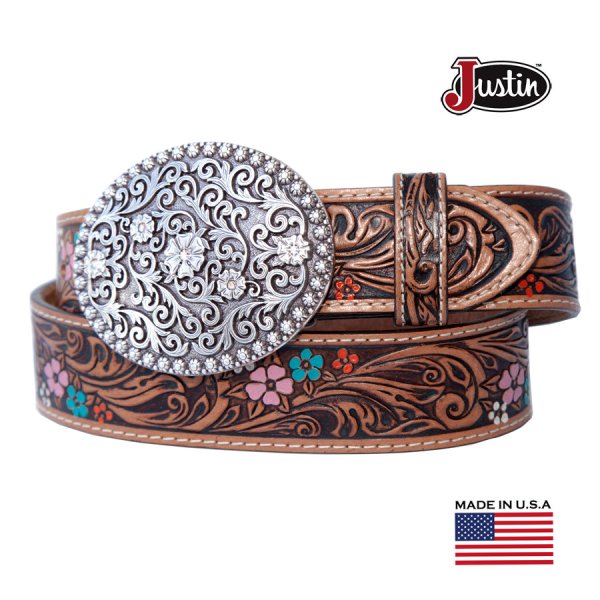 画像1: ジャスティン フローラル レザー ベルト（ブラウン）/Justin Floral Leather Belt(Brown)
