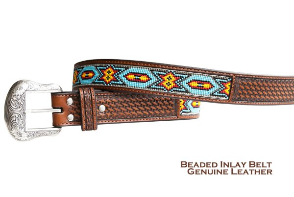 画像2: ビーズ ウエスタン レザーベルト（ブラウン・ターコイズ）/Nocona Beaded Inlay Western Leather Belt(Brown/Turq)