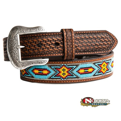 画像クリックで大きく確認できます　Click↓1: ビーズ ウエスタン レザーベルト（ブラウン・ターコイズ）/Nocona Beaded Inlay Western Leather Belt(Brown/Turq)