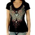 リバティーウエア ラインストーン ハート・ビンテージウイング&スター 半袖Tシャツ（ブラック）XL/Liberty Wear Short Sleeve T-shirt(Women's)