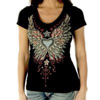 リバティーウエア ラインストーン ハート・ビンテージウイング&スター 半袖Tシャツ（ブラック）XL/Liberty Wear Short Sleeve T-shirt(Women's)