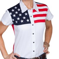 スカリー ★ 刺繍スター USA 星条旗 アメリカ国旗 キャップスリーブ スナップ フロント シャツ/Scully Patriot Red/White/Blue Snap Front Cap Sleeve Blouse(Women's)