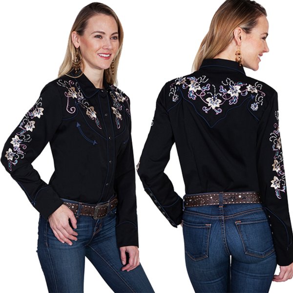 画像3: スカリー フローラル刺繍 ラインストーン ウエスタン シャツ（長袖/ブラック）/Scully Long Sleeve Western Shirt(Women's)