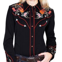 スカリー 刺繍 ラインストーン ウエスタン シャツ（長袖/ブラック ブーツ・ギター・ハット）XS/Scully Long Sleeve Western Shirt(Women's)