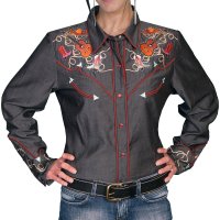 スカリー 刺繍 ラインスト－ン ウエスタン シャツ（長袖/ブラックチャコール）/Scully Long Sleeve Western Shirt(Women's)