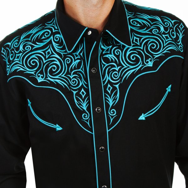 画像2: スカリー ウエスタン 刺繍 シャツ（長袖/ブラック・スクロールターコイズ）S/Scully Long Sleeve Embroidered Western Shirt(Men's)