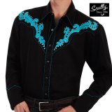 スカリー スクロール刺繍・メタルスタッズ・キャンディケイン ウエスタン シャツ（長袖/ブラック・ターコイズ）/Scully Long Sleeve Embroidered Western Shirt(Men's)