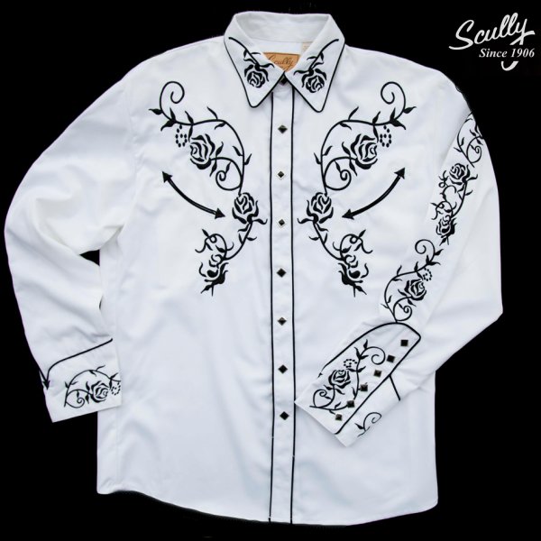 画像1: スカリー ウエスタン 刺繍 シャツ（長袖/ホワイト・ブラック）/Scully Long Sleeve Embroidered Western Shirt