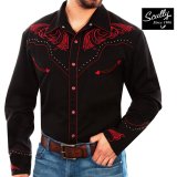 スカリー レッドスクロール刺繍・メタルスタッズ・キャンディケイン ウエスタン シャツ（長袖/ブラック・レッド）/Scully Long Sleeve Embroidered Western Shirt(Men's)