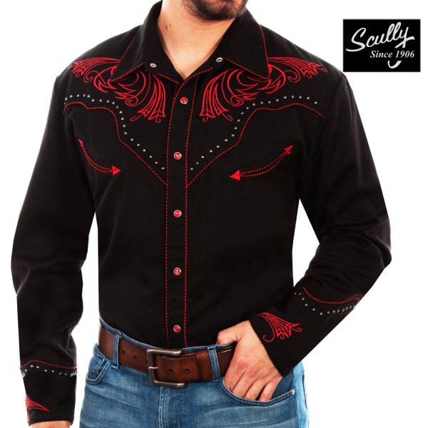 画像1: スカリー レッドスクロール刺繍・メタルスタッズ・キャンディケイン ウエスタン シャツ（長袖/ブラック・レッド）/Scully Long Sleeve Embroidered Western Shirt(Men's)