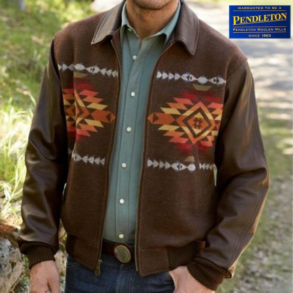 画像1: ペンドルトン ウール・レザー ジャケット ブラウン（Pueblo Dwelling）/Pendleton Cassidy Coat