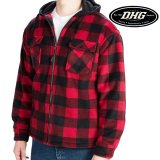 DHG フリース フードつき ジャケット（レッドxブラック バッファローチェック）大きいサイズ 身幅約66cm/DHG Fleece Hooded Jacket(Buffalo Plaid/RedxBlack)