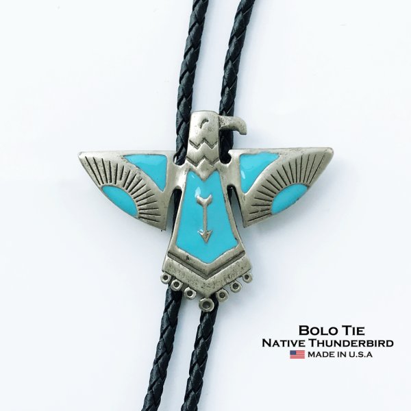 画像1: ボロタイ サンダーバード（アンテイークシルバー・ターコイズ）/Western Bolo Tie Native Thunderbird
