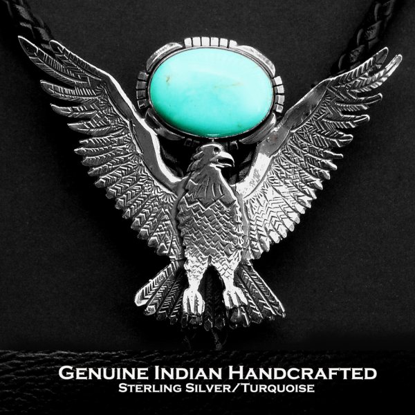 画像1: アメリカンイーグル ナバホ スターリングシルバー ターコイズ ボロタイ/American Eagle Navajo Sterling Silver Turquoise Bolo Tie