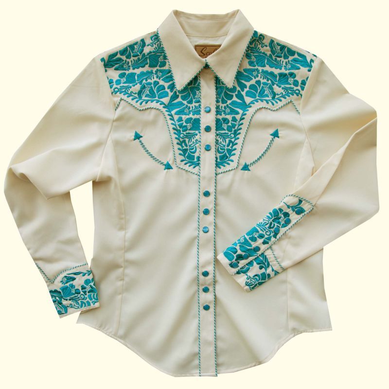 スカリー 刺繍 ウエスタン シャツ（長袖/クリーム・ターコイズ）/Scully Long Sleeve Western Shirt(Women