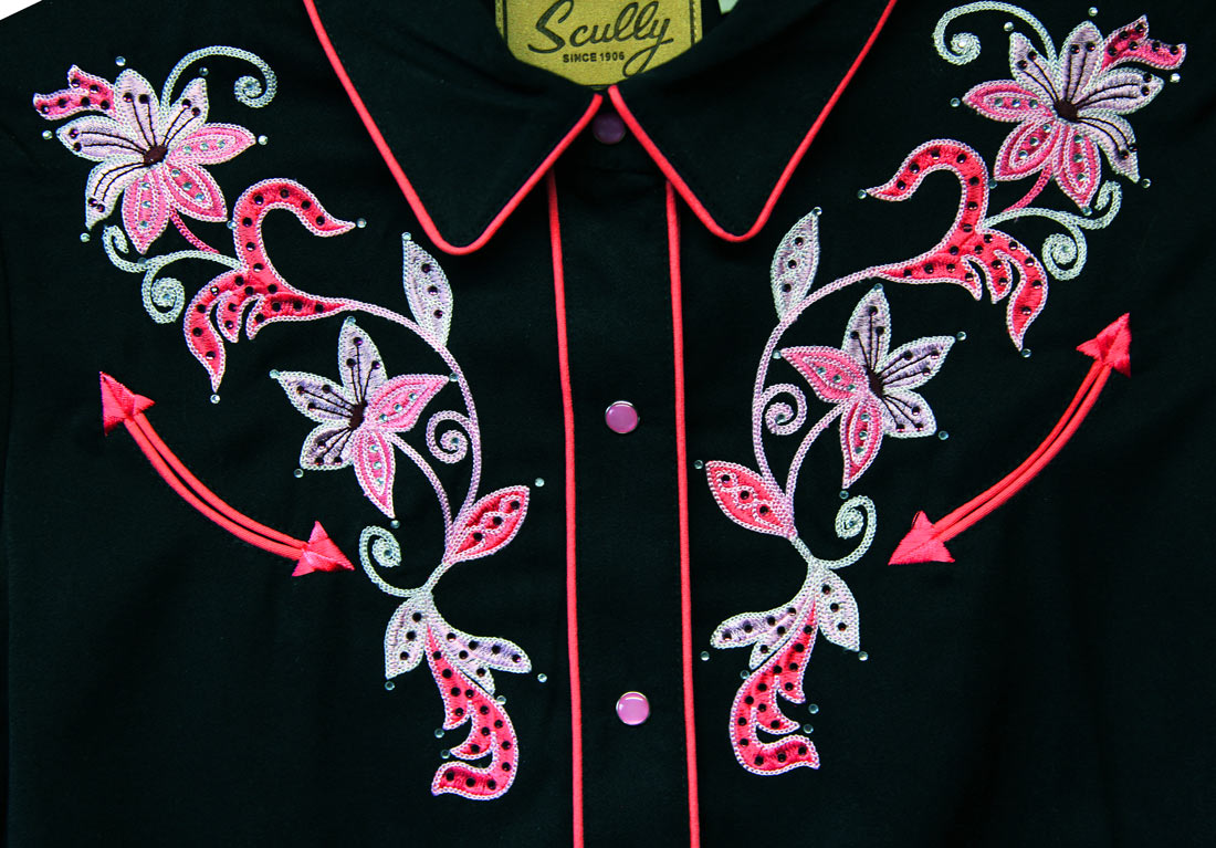 スカリー ピンクフローラル 刺繍 ウエスタン シャツ（長袖/ブラック 