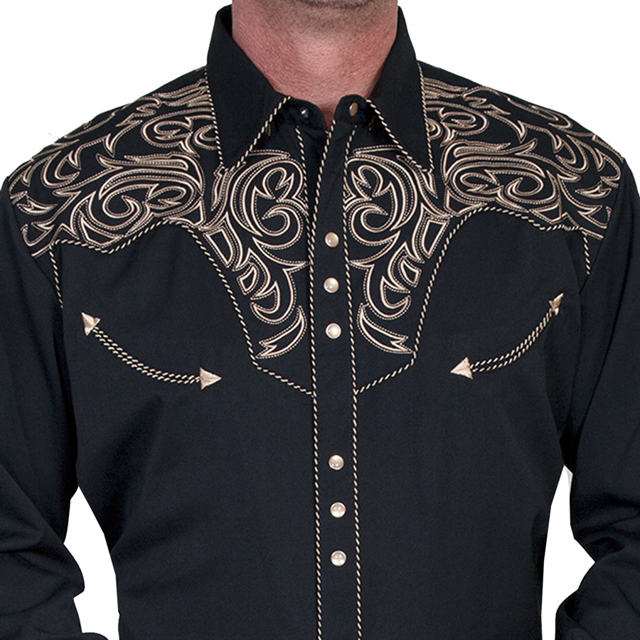 スカリー ウエスタン 刺繍 シャツ（長袖/ブラック・スクロールゴールド 