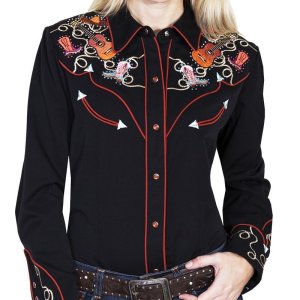 画像: スカリー 刺繍 ラインスト－ン ウエスタン シャツ（長袖/ブラック ブーツ・ギター・ハット）XS・S/Scully Long Sleeve Western Shirt(Women's)