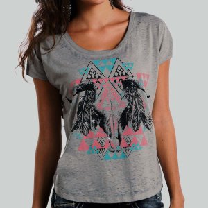 画像: レディース ラインストーン ウエスタン Tシャツ グレー（半袖）/Women's Western T-shirt