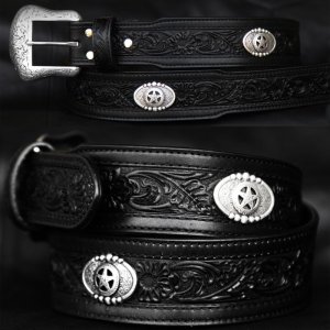 画像: スターコンチョ&フラワー レザーベルト（ブラック）34/Western Floral Embossed Leather Belt(Black)