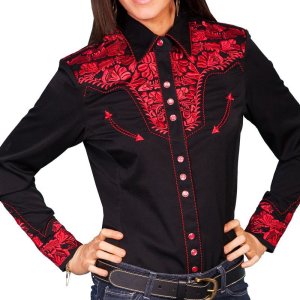 画像: スカリー 刺繍 ウエスタン シャツ（長袖/ブラック・クリムゾン）/Scully Long Sleeve Western Shirt(Women's)