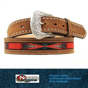 画像: ノコナ サウスウエストテープ&スタッズ ウエスタン レザーベルト（ブラウン・レッド）/Nocona Western Leather Belt(Brown/Red)